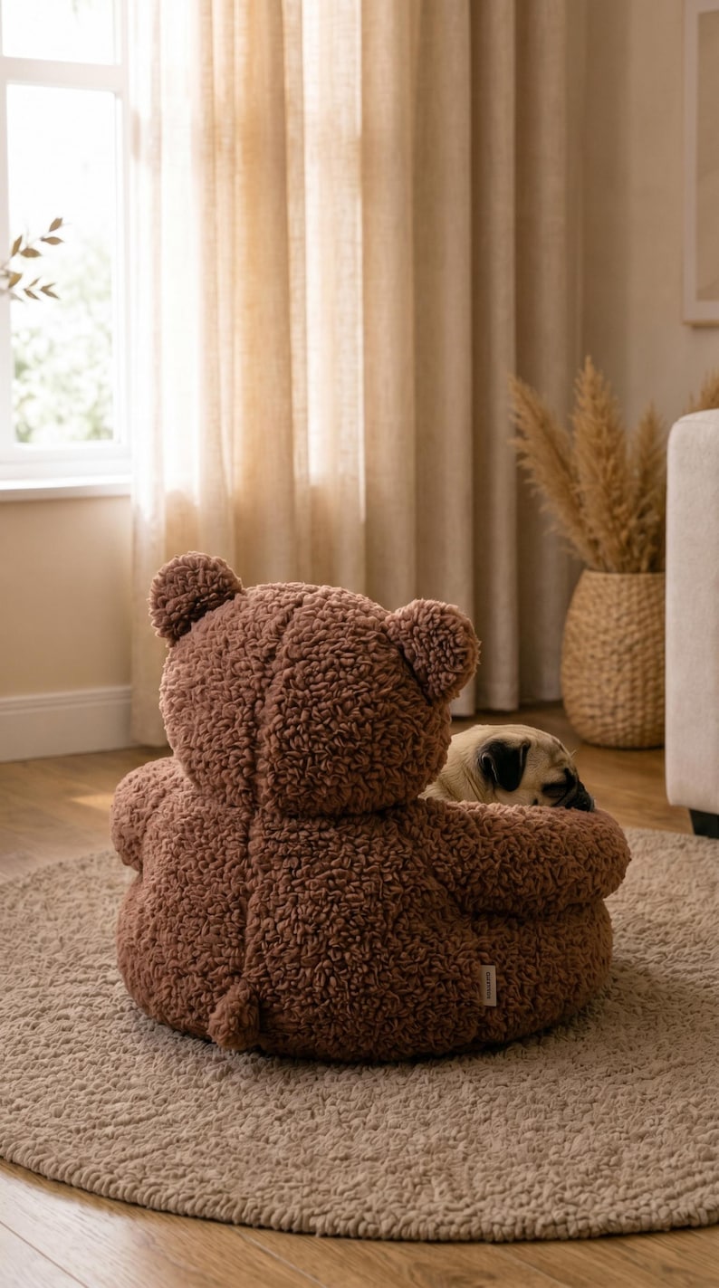 May include: A brown, textured, teddy bear-shaped pet bed with rounded ears and a small tail. The plush, fuzzy material covers the entire exterior of the seat. A small, light-colored pug dog is resting inside the circular, cushioned enclosure.