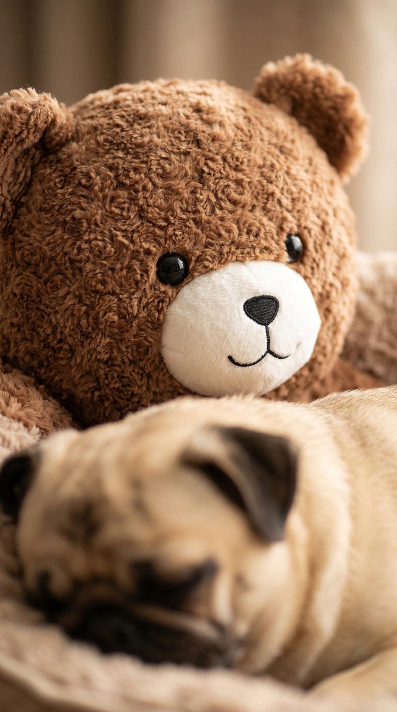 May include: A brown plush teddy bear with a textured, curly fur finish, round ears, and a smooth white muzzle featuring black plastic eyes and a stitched black nose and mouth, positioned behind a sleeping light tan pug dog with dark ears.