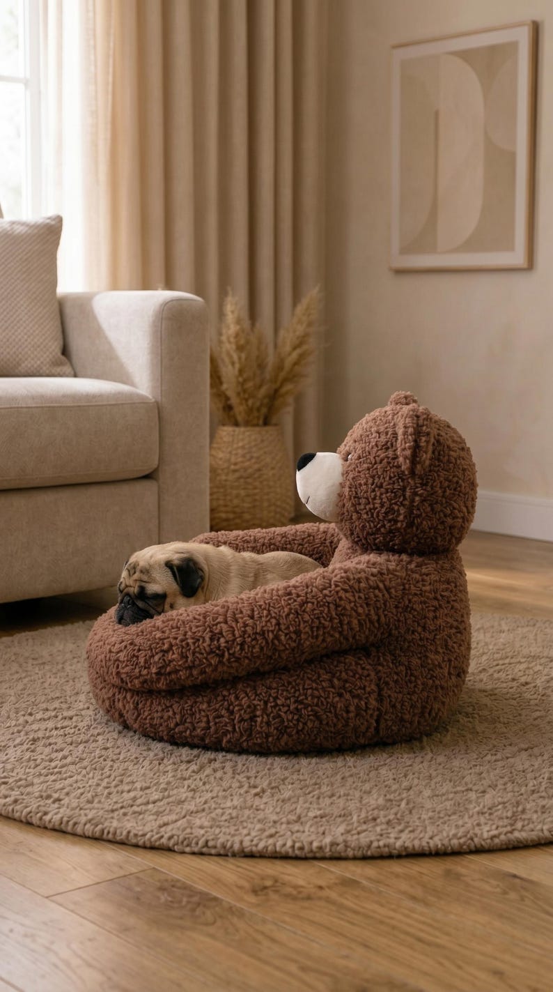 May include: A brown teddy bear shaped pet bed with a textured, plush exterior and a white muzzle. A small fawn colored pug is curled up inside the bed, resting its head on the soft, rounded edge of the bear's body while sleeping peacefully.