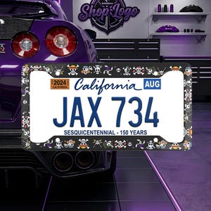 Anime Pirate Skull License Plate Frame, Kawaii JDM Car Tag Holder, Cute Manga Auto Accessories, Black Gothic Car Decor Gift
