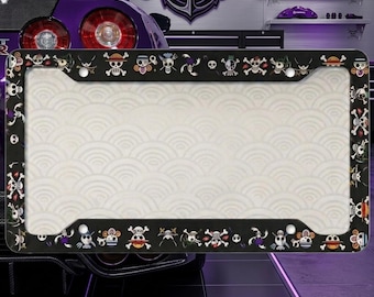 Anime Pirate Skull License Plate Frame, Kawaii JDM Car Tag Holder, Cute Manga Auto Accessories, Black Gothic Car Decor Gift