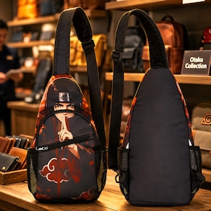 May include: A black sling backpack featuring a graphic print of an anime character with long dark hair and red eyes performing a hand sign. The bag includes a front zippered pocket, side mesh pockets, and a single adjustable shoulder strap.