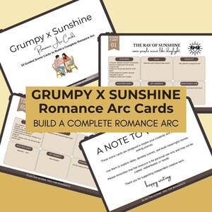 Puede incluir: Un conjunto de tarjetas de arco romántico Grumpy x Sunshine con 10 tarjetas de escena guiadas. Las tarjetas incluyen indicaciones para escenarios, objetivos, conflictos, cambios de emoción, momentos clave y líneas memorables para escritores.