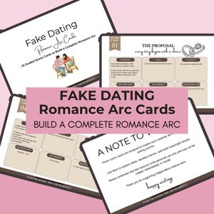 May include: A set of Fake Dating Romance Arc Cards featuring 10 guided scene cards to build a complete romance arc. The cards include sections for scenario, goal, conflict, emotion shift, key moment, and memorable line, with illustrations of rings.