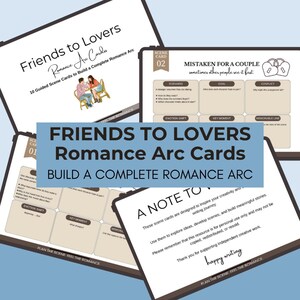 May include: A set of Friends to Lovers Romance Arc Cards featuring 10 guided scene cards. The cards include prompts for scenarios, goals, conflicts, emotion shifts, key moments, and memorable lines, with a note to writers and a small illustration.