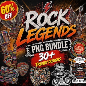 Puede incluir: Un paquete de diseño gráfico digital titulado Rock Legends PNG Bundle que incluye más de 30 ilustraciones con temática de rock y metal, como guitarras con alas, un micrófono, un radiocasete, una calavera con sombrero de copa y baterías.