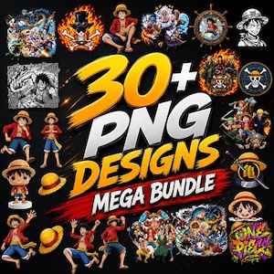 Może przedstawiać: Zestaw ponad 30 projektów PNG z postaciami i obrazami z serii anime One Piece. Projekty obejmują ilustracje postaci, logo i scen, wszystko na czarnym tle. Tekst "30+ PNG DESIGNS MEGA BUNDLE" jest wyraźnie wyświetlany.