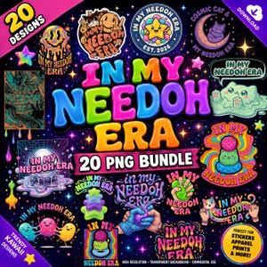 May include: A digital collection of 20 PNG designs featuring the text In My Needoh Era, showcasing colourful illustrations of cats, stars, melting shapes, and cosmic patterns against a dark, starry background for stickers and apparel prints.