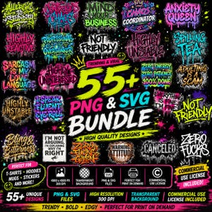 May include: A digital design bundle featuring over 55 PNG and SVG files with graffiti-style typography and vibrant neon colours. The collection includes various phrases like Allergic to Stupidity, Chaos Coordinator, and Zero Fucks Given.