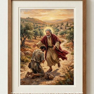 Può includere: Una stampa incorniciata che raffigura una scena biblica con una figura barbuta in tunica rossa che si avvicina a una persona inginocchiata con abiti logori su un sentiero sterrato. Il testo in basso recita: Perfect printing up to 20"x30".