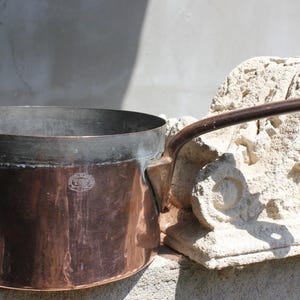 Casserole ancienne en cuivre Benham & Sons, casserole anglaise à revêtement en étain, Londres vers 1900