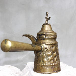 Vintage Brass Turkish Coffee Pot, Embossed Ottoman Jezve, Bird Finial Server