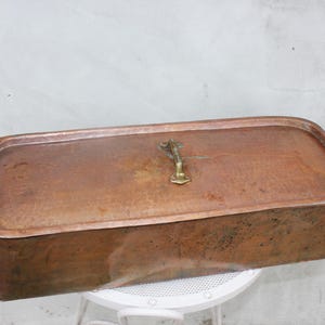 Può includere: Una teglia rettangolare in rame con coperchio abbinato. Il coperchio presenta una maniglia centrale in ottone, mentre il corpo principale ha due maniglie laterali con impugnature in legno. La superficie in rame mostra una patina naturale.