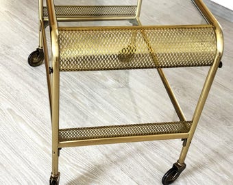 Hollywood Regency messing barwagen glazen planken Cocktailtrolley op wielen