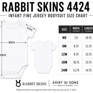 May include: Rabbit Skins 4424 infant fine jersey bodysuit size chart with two white bodysuits and a table showing width, length, and sleeve measurements in inches for sizes NB, 6M, 12M, 18M, and 24M. Includes text labels for dimensions.