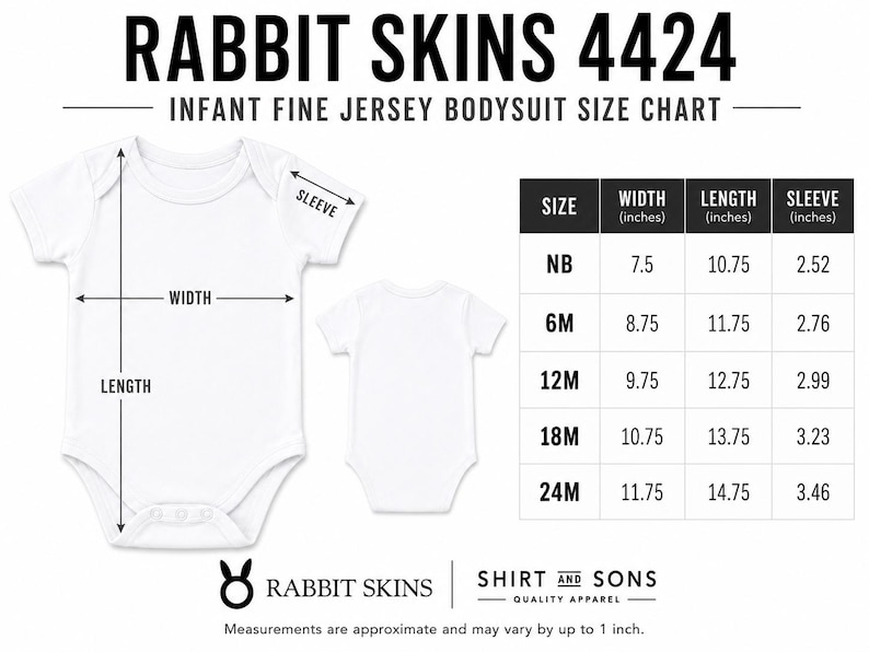May include: Rabbit Skins 4424 infant fine jersey bodysuit size chart with two white bodysuits and a table showing width, length, and sleeve measurements in inches for sizes NB, 6M, 12M, 18M, and 24M. Includes text labels for dimensions.