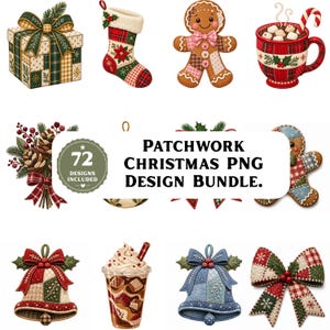 Patchwork Christmas PNG Bundle , Quilted Santa Snowman Reindeer Clipart, Faux Embroidery Holiday Clipart for Sublimation,  Digital Download,