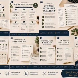 May include: An interview success kit with 15 pages of professional tools. The kit includes a laptop, printed guides, and a coffee cup. The text on the laptop screen reads "Interview Success Kit". The kit is designed to help you plan, prepare, and get hired.