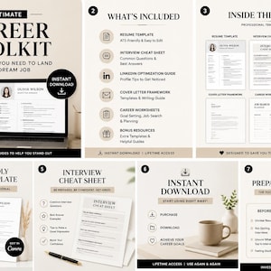 May include: A digital Ultimate Career Toolkit, including resume templates, interview preparation, LinkedIn optimisation, cover letter frameworks, career worksheets, and bonus resources. The image shows a laptop, documents, and a coffee cup.