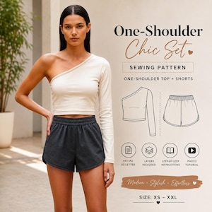 May include: A sewing pattern for a one-shoulder chic set featuring a long-sleeve one-shoulder top and shorts. The graphic includes technical line drawings of the garments, icons for A4, A0, and US letter formats, layers, instructions, and a photo tutorial.