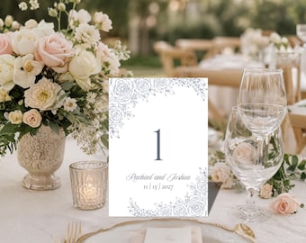 Floral Wedding Table Numbers Canva Template | Elegant, Blue Roses, Table Signs | 3 sizes | Printable Sheet | Instant Download
