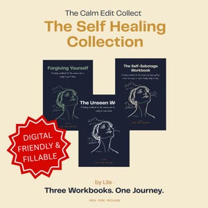 Può includere: Tre quaderni di esercizi blu scuro intitolati The Self Healing Collection, Forgiving Yourself, The Self-Sabotage Workbook e The Unseen W. Ogni copertina presenta un disegno a linee bianche di una persona che guarda verso l'alto e del testo. Un badge a stella rosso riporta la scritta DIGITAL FRIENDLY & FILLABLE.