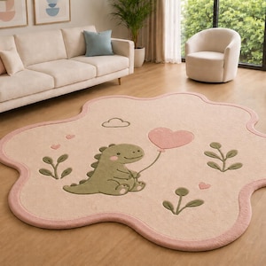 Leuk dinosaurus kinderkleed, roze kinderkamerkunststuk, dinoballontapijt, kamerdecor babymeisje, wolkvorm kinderkamertapijt, speelkamermat