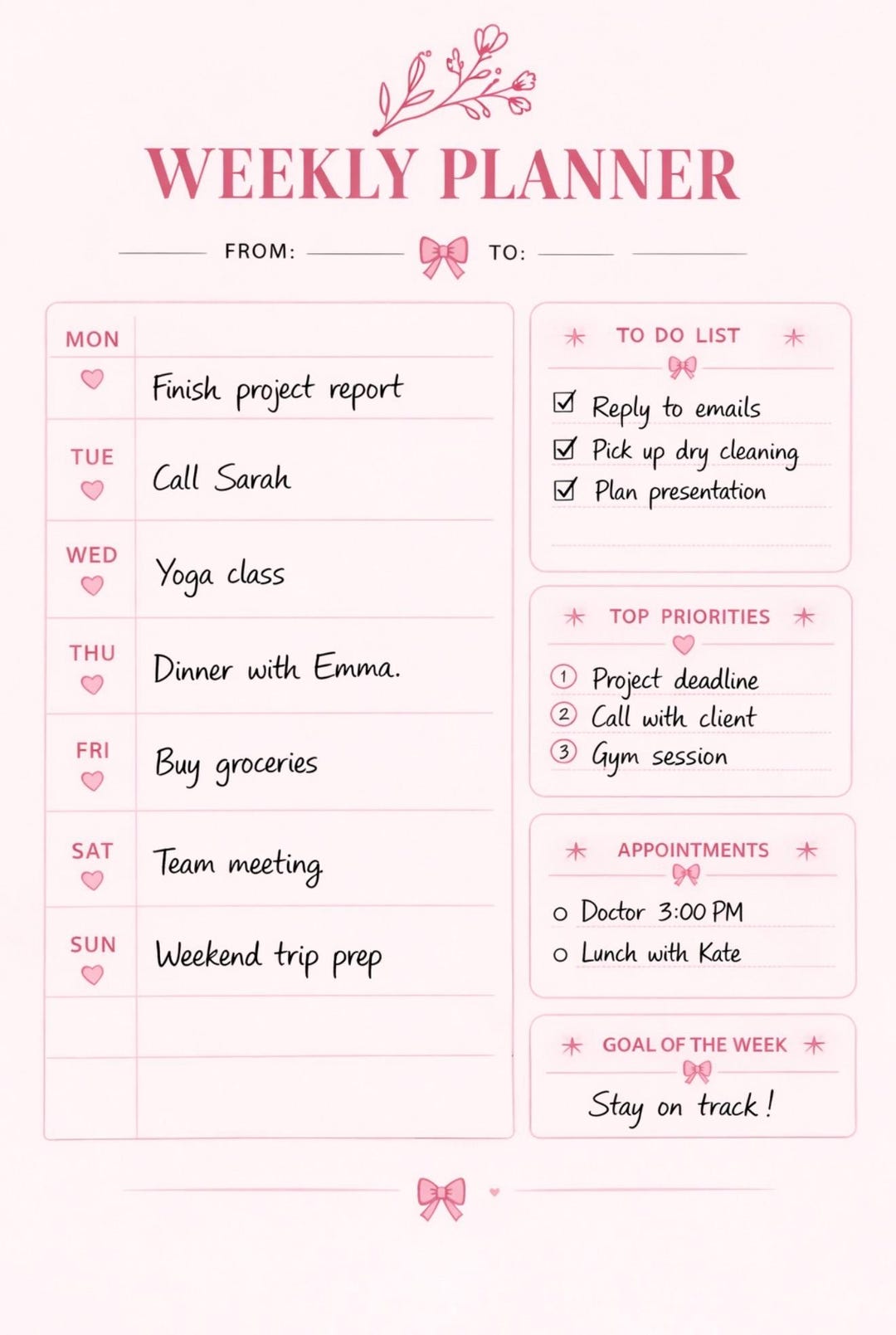 Pink Floral Weekly Planner | Printable Productivity Organizer (A4, US ...