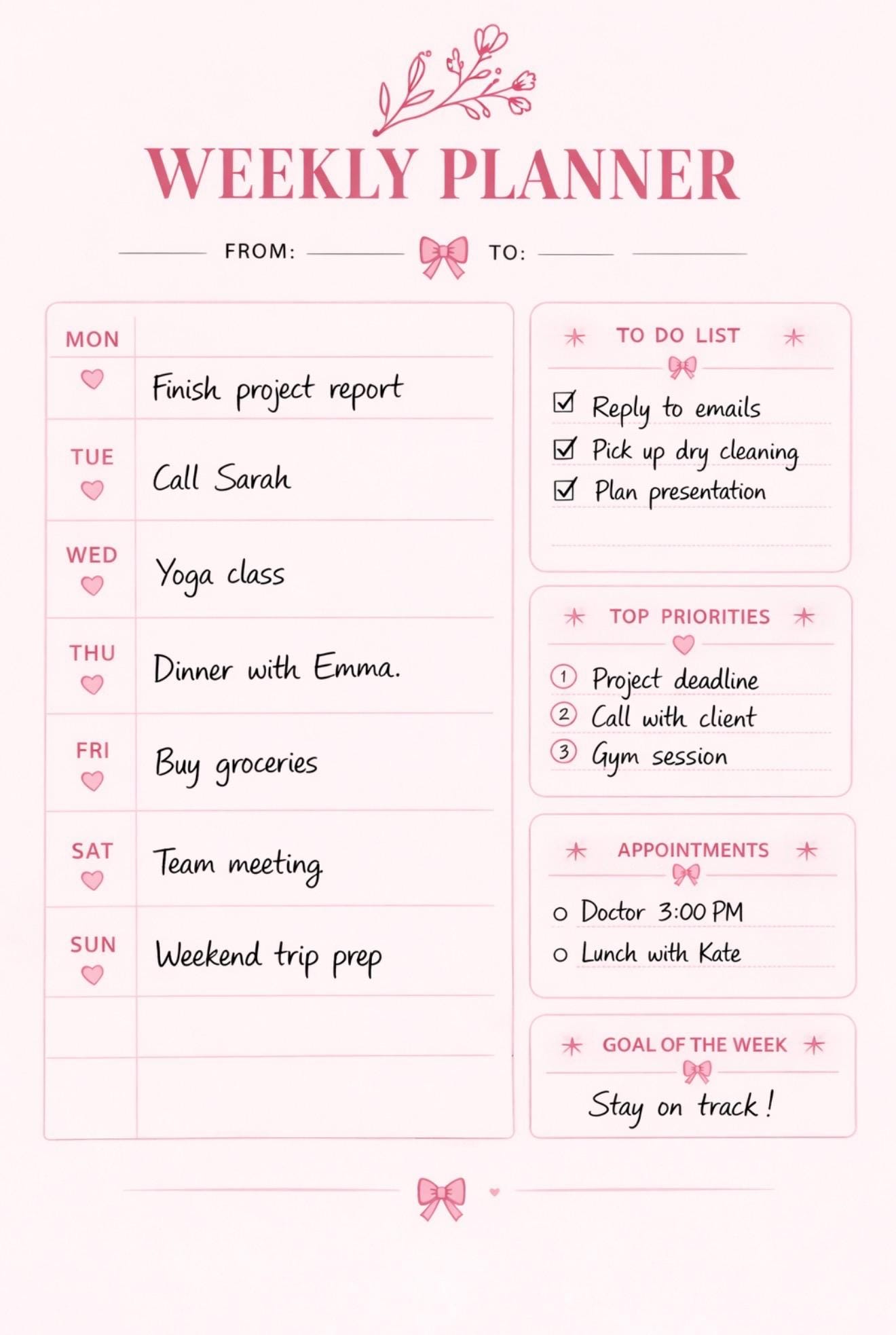 Pink Floral Weekly Planner | Printable Productivity Organizer (A4, US ...