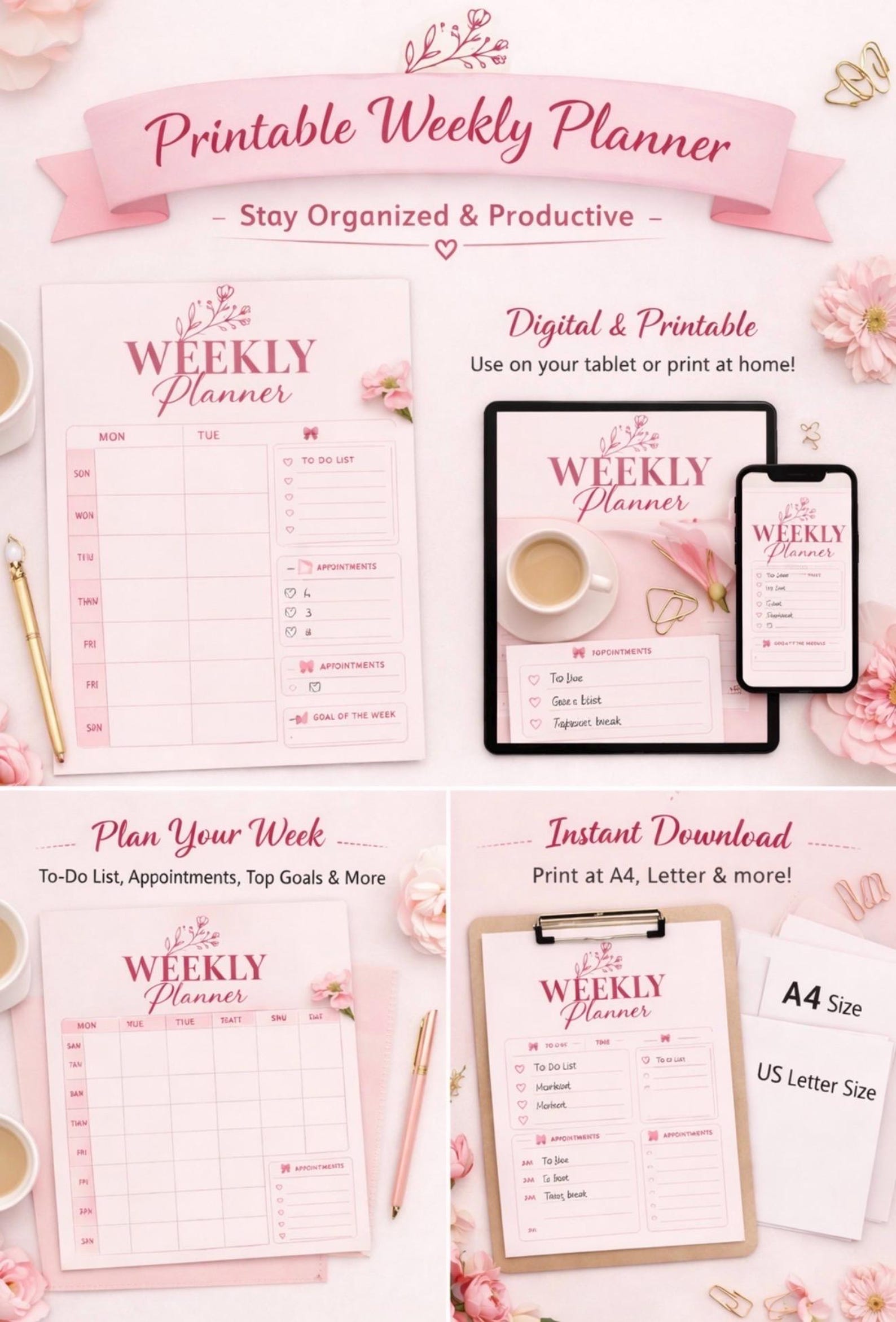 Pink Floral Weekly Planner | Printable Productivity Organizer (A4, US ...