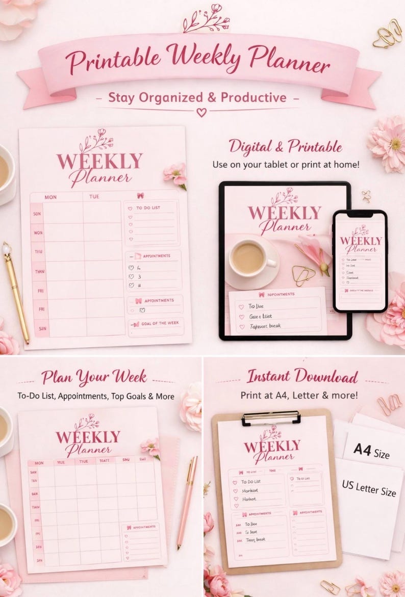 Pink Floral Weekly Planner | Printable Productivity Organizer (A4, US ...