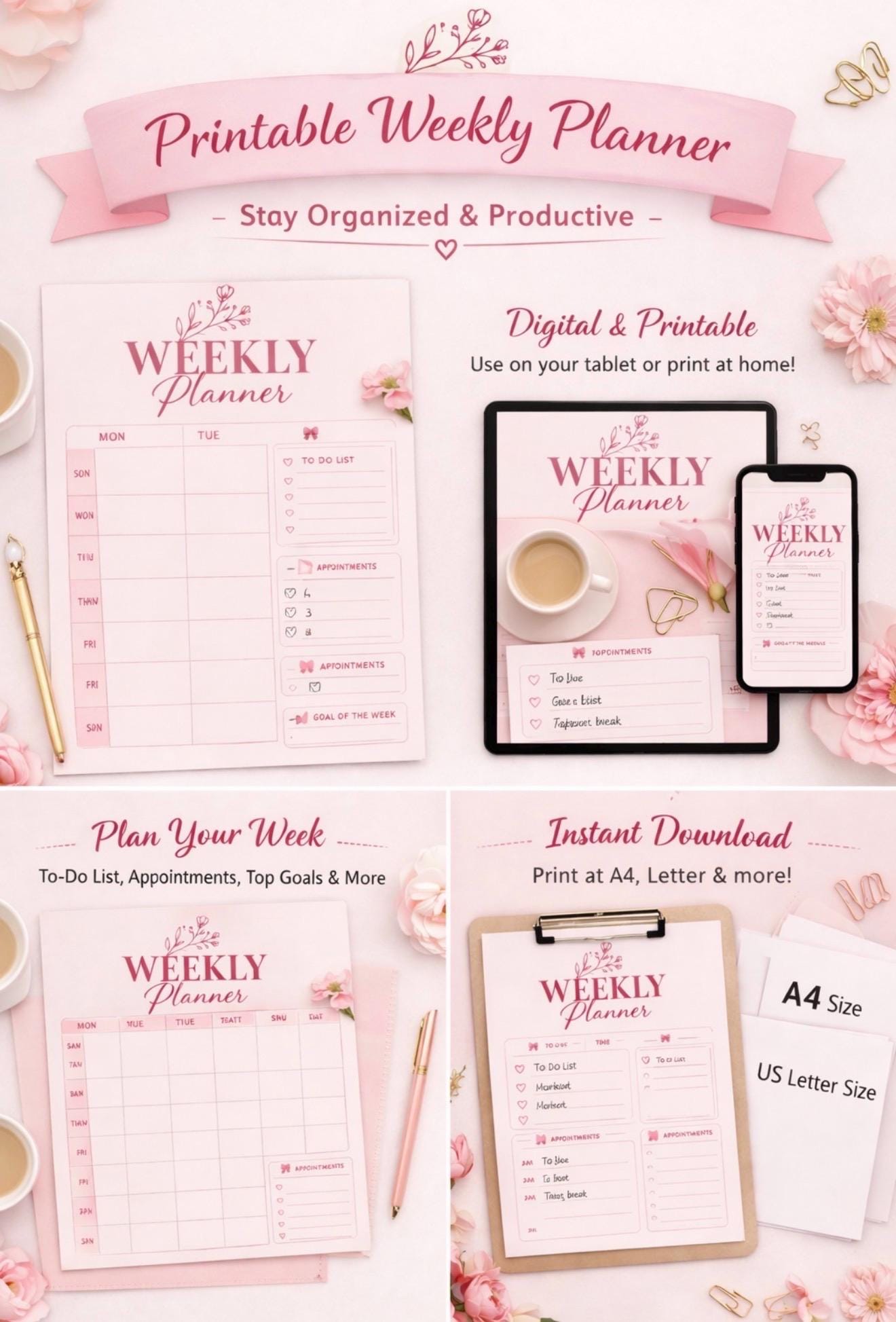 Pink Floral Weekly Planner | Printable Productivity Organizer (A4, US ...