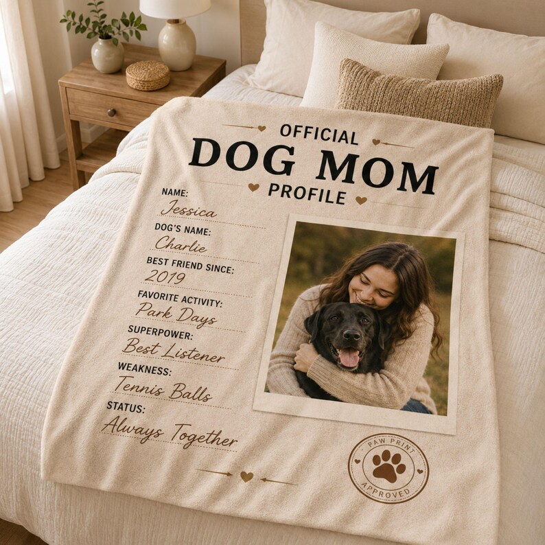 Personalized Dog Mom blanket showing custom name, dog name, photo, profile details, and background color options.