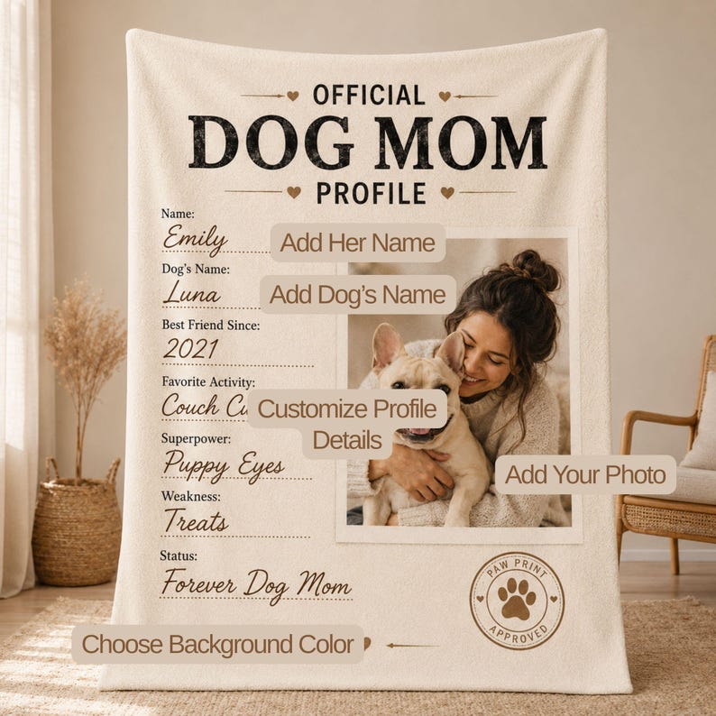 Full view of a custom Dog Mom fleece blanket with photo, name fields, and Paw Print Approved seal
