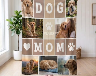 May include: A rectangular fleece blanket featuring a photo collage of golden retriever dogs and a person. The design includes the text "DOG MOM" and "VLASTA" in white block letters, along with white heart and paw print icons on a beige and brown background.
