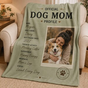 Custom pet photo blanket showing a Dog Mom with her dog in the main photo area of the design.
