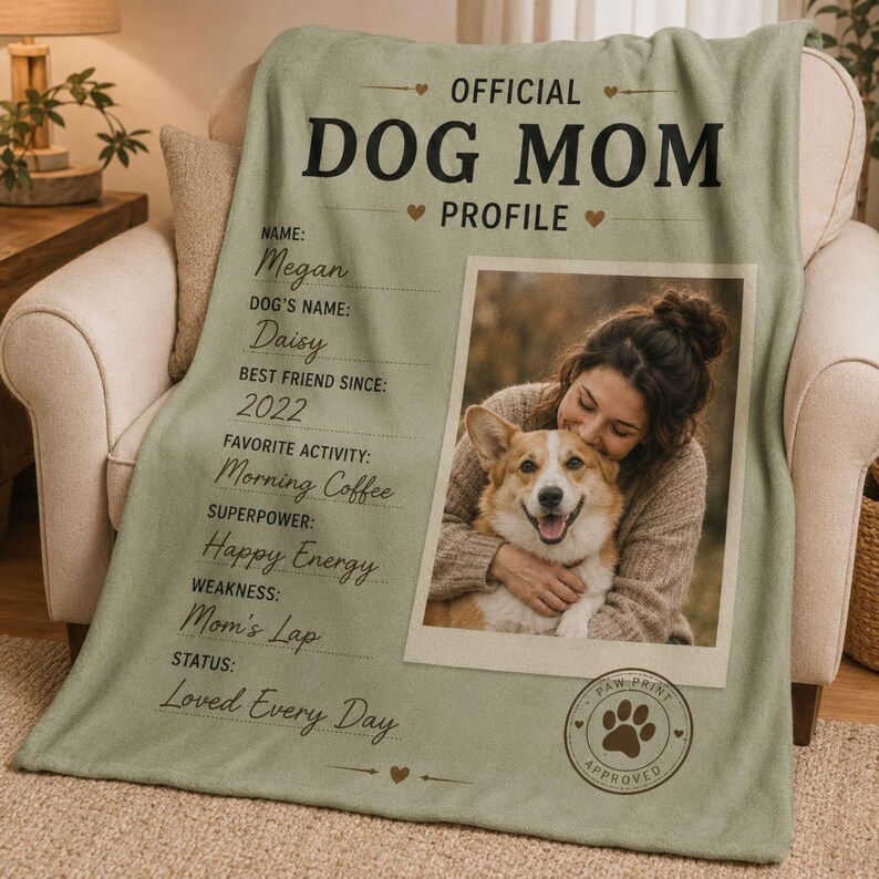 Custom pet photo blanket showing a Dog Mom with her dog in the main photo area of the design.
