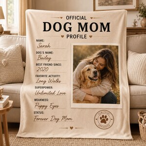 Personalized Dog Mom blanket with custom photo and official profile design styled as a meaningful gift for her.