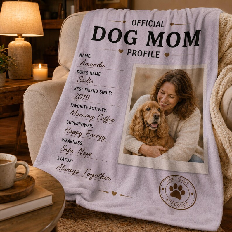 Custom Dog Mom blanket used in a cozy home setting as a personalized pet keepsake.