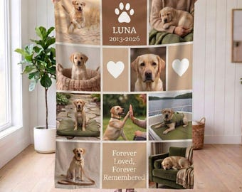May include: A custom photo blanket featuring multiple images of a yellow Labrador retriever. The design includes a paw print icon, the name LUNA, the dates 2013-2026, and the text Forever Loved, Forever Remembered, set against a brown and tan background.