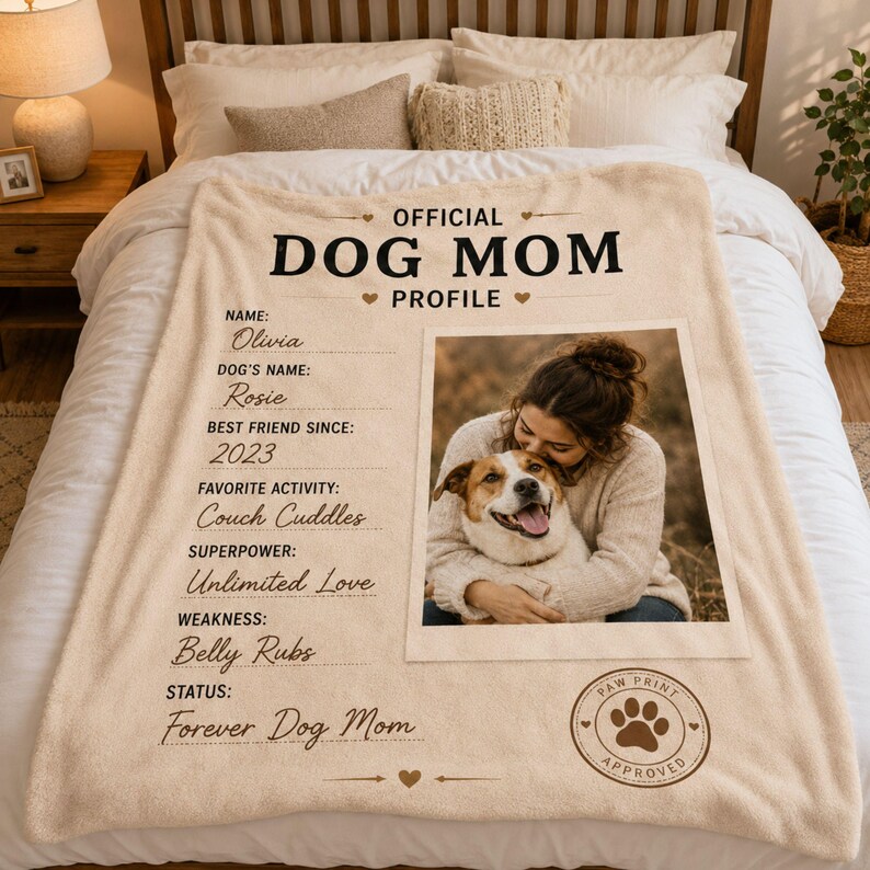 Custom Dog Mom photo blanket styled on a bed as a cozy personalized gift for a dog lover.