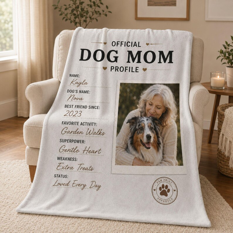 Light gray custom Dog Mom blanket showing an alternate background color option.
