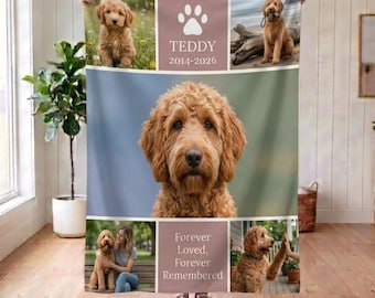 May include: A custom photo blanket featuring multiple images of a golden-brown doodle dog. The design includes a large central portrait, smaller photos, a white paw print icon, the name TEDDY, the years 2014-2026, and the text Forever Loved, Forever Remembered.