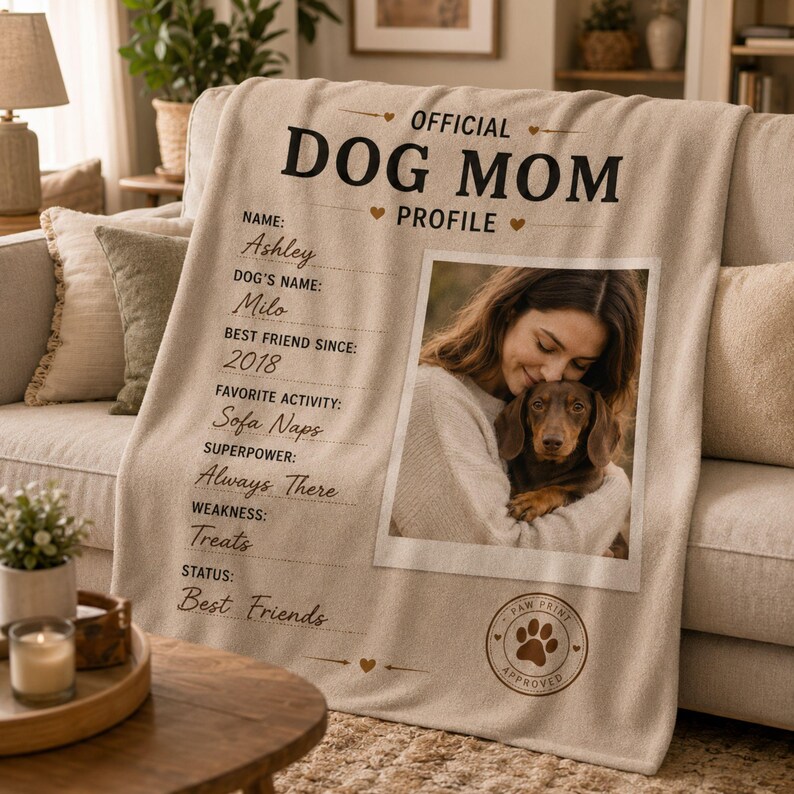 Personalized Dog Mom throw blanket draped on a cozy sofa as a gift for a woman who loves her dog.