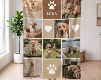 May include: A custom photo collage blanket featuring multiple images of a yellow Labrador retriever, including the name LUNA, white paw prints, and heart icons on a brown and beige background. The blanket displays the dog in various settings.