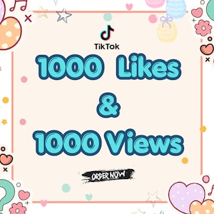 Könnte beinhalten: Eine Werbegrafik für TikTok mit hellpfirsichfarbenem Hintergrund und dekorativen Elementen. Der Text lautet "1000 Likes & 1000 Views" in Türkis, mit dem TikTok-Logo oben. Die Worte "Order Now" stehen unten.