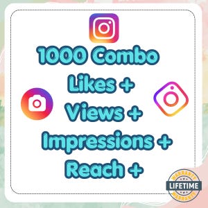 May include: Image with Instagram logos and text. The teal text reads "1000 Combo Likes + Views + Impressions + Reach +". A gold and white "Lifetime Warranty" badge is in the bottom right corner.