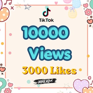 May include: A square graphic featuring the TikTok logo, the text 10000 Views, 3000 Likes, and a black button with the text ORDER NOW. The design is framed by pastel-colored hearts, stars, musical notes, and circular patterns on a light beige background.