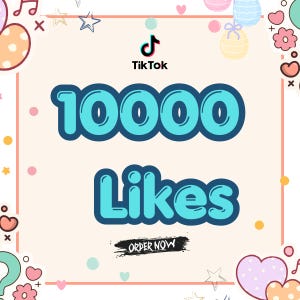 Könnte beinhalten: Werbegrafik für TikTok mit dem TikTok-Logo, dem Text "10000 Likes" in Blau und "Order Now" auf einem schwarzen Banner. Der Hintergrund ist hellbeige mit dekorativen Elementen wie Herzen und Sternen.