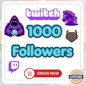 May include: A digital graphic featuring the text twitch 1000 Followers in blue and purple. It includes illustrations of a hooded figure holding a glowing orb, a purple horse head, an owl face, the purple twitch logo, and a red button labeled ORDER NOW.